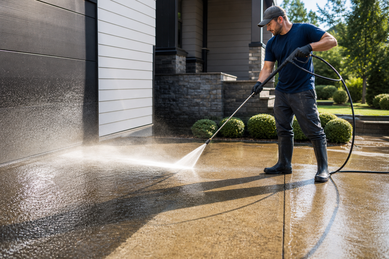 Pressure washing a driveway with visible cleaning contrast