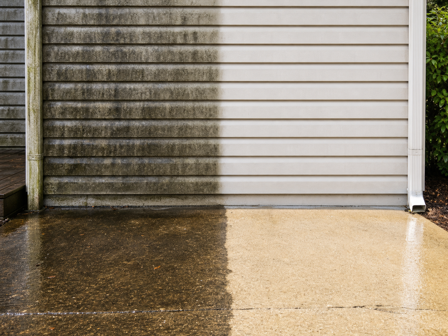 Dramatic half-clean contrast during pressure washing