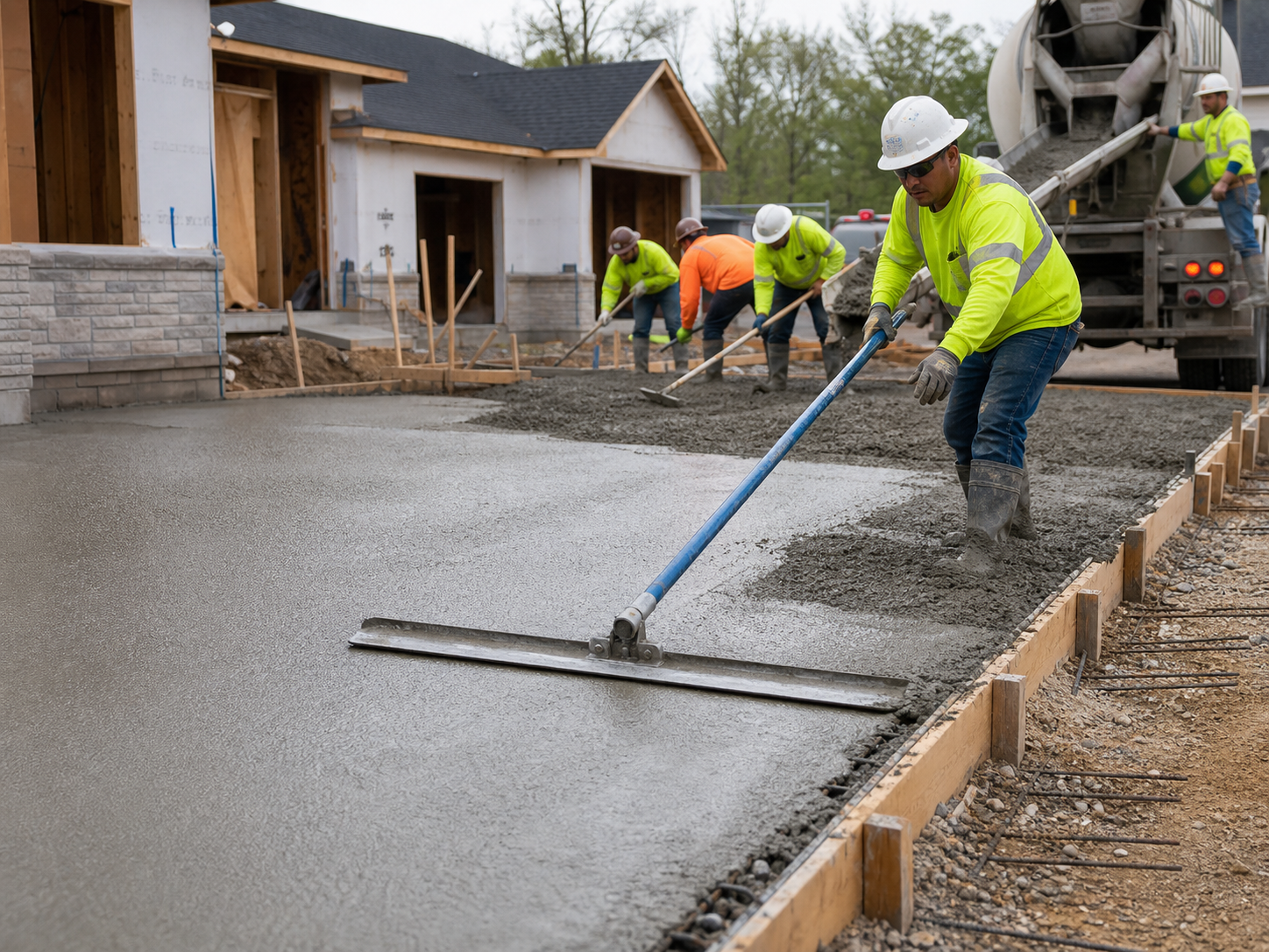 Concrete crew finishing a slab pour