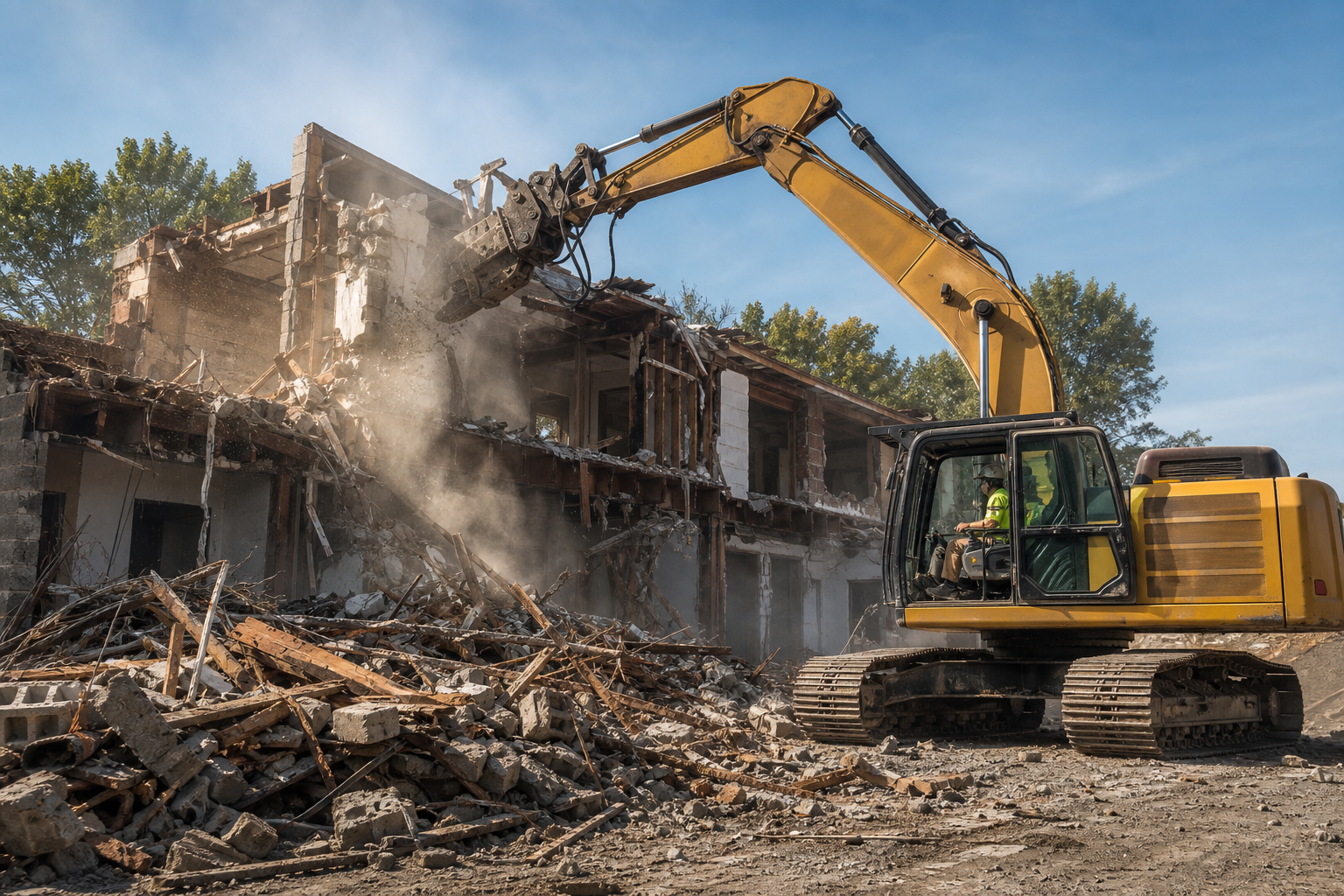 Excavator demolishing a structure on a demo site