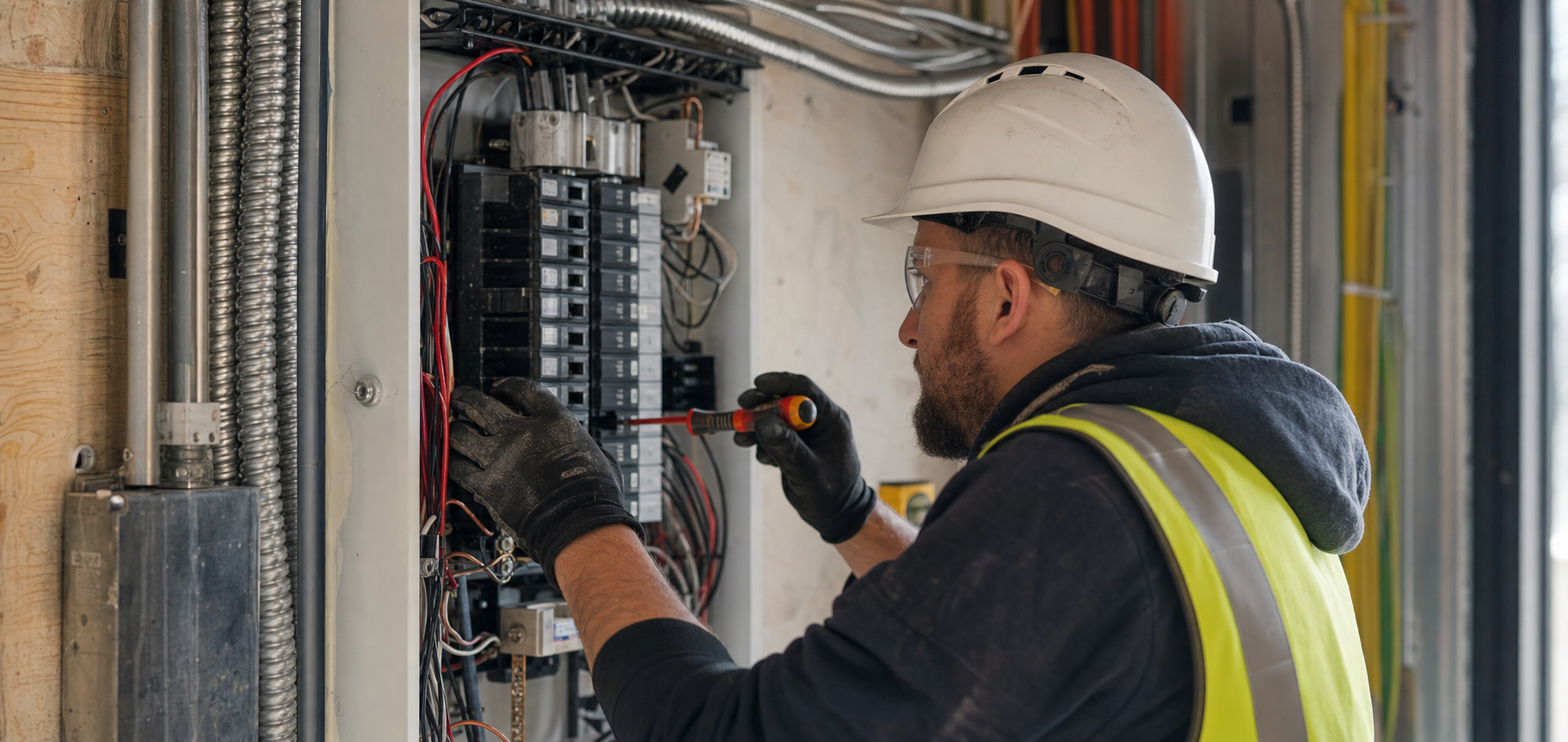 Electrician working in an electrical panel