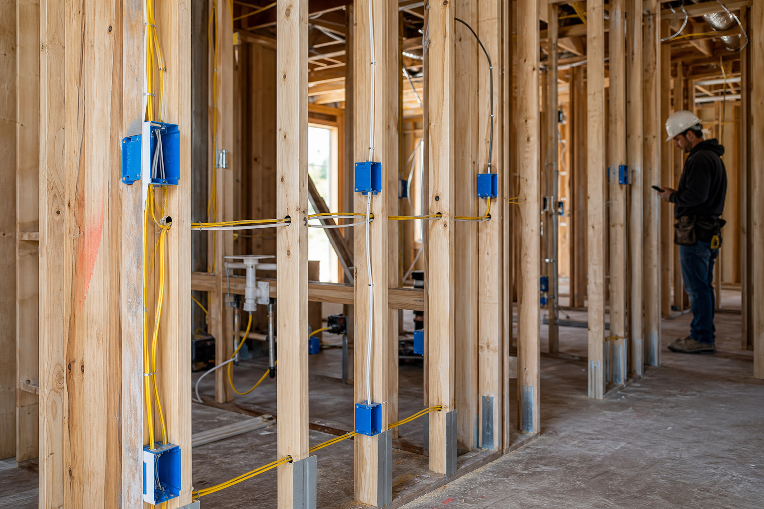 Electrical rough-in with boxes and wire runs in framed walls