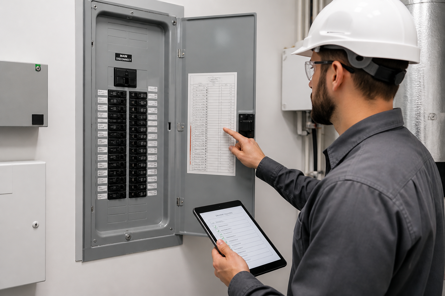 Completed electrical panel with labeled breakers at final inspection