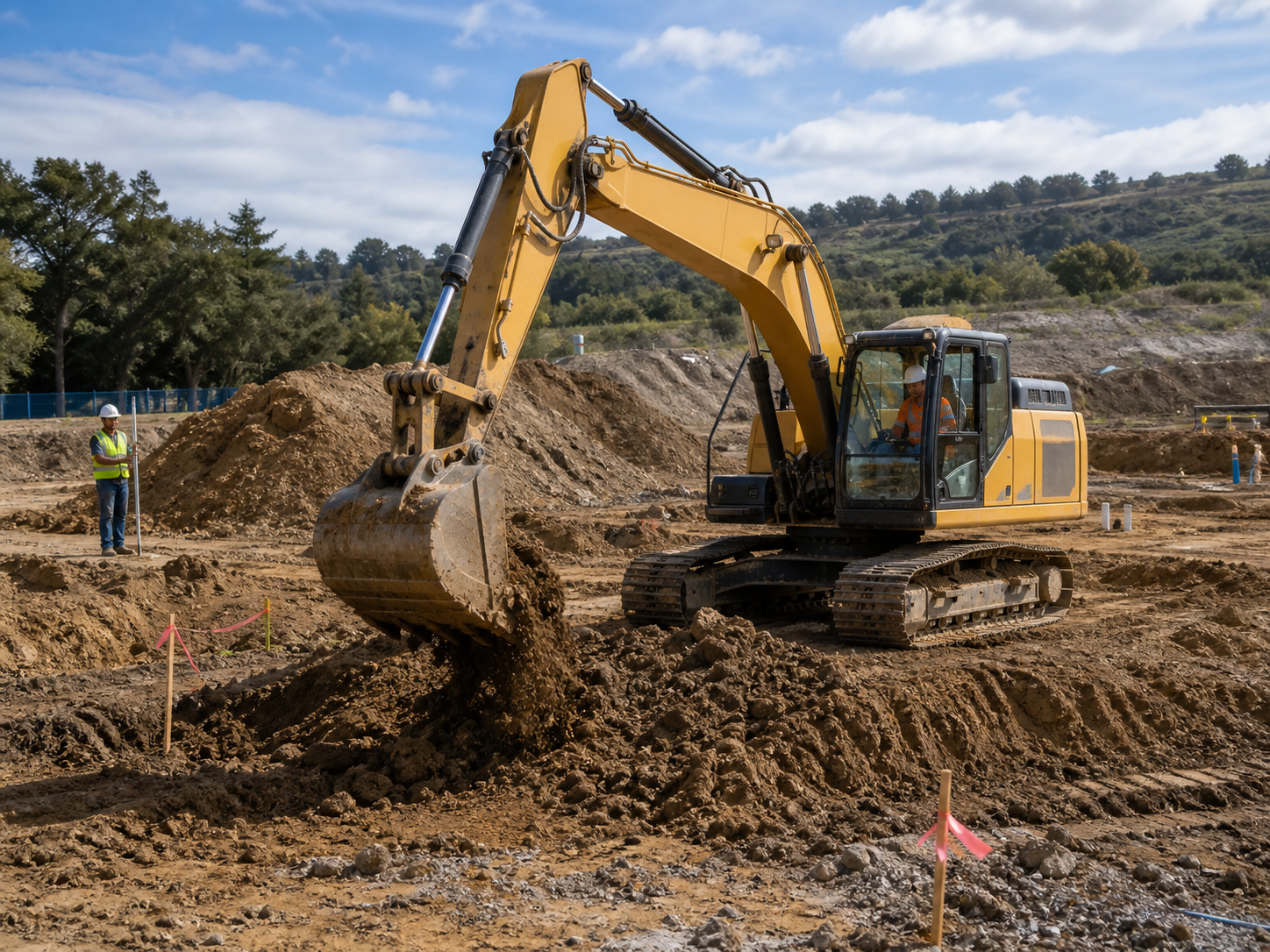 Excavator digging on a graded construction site