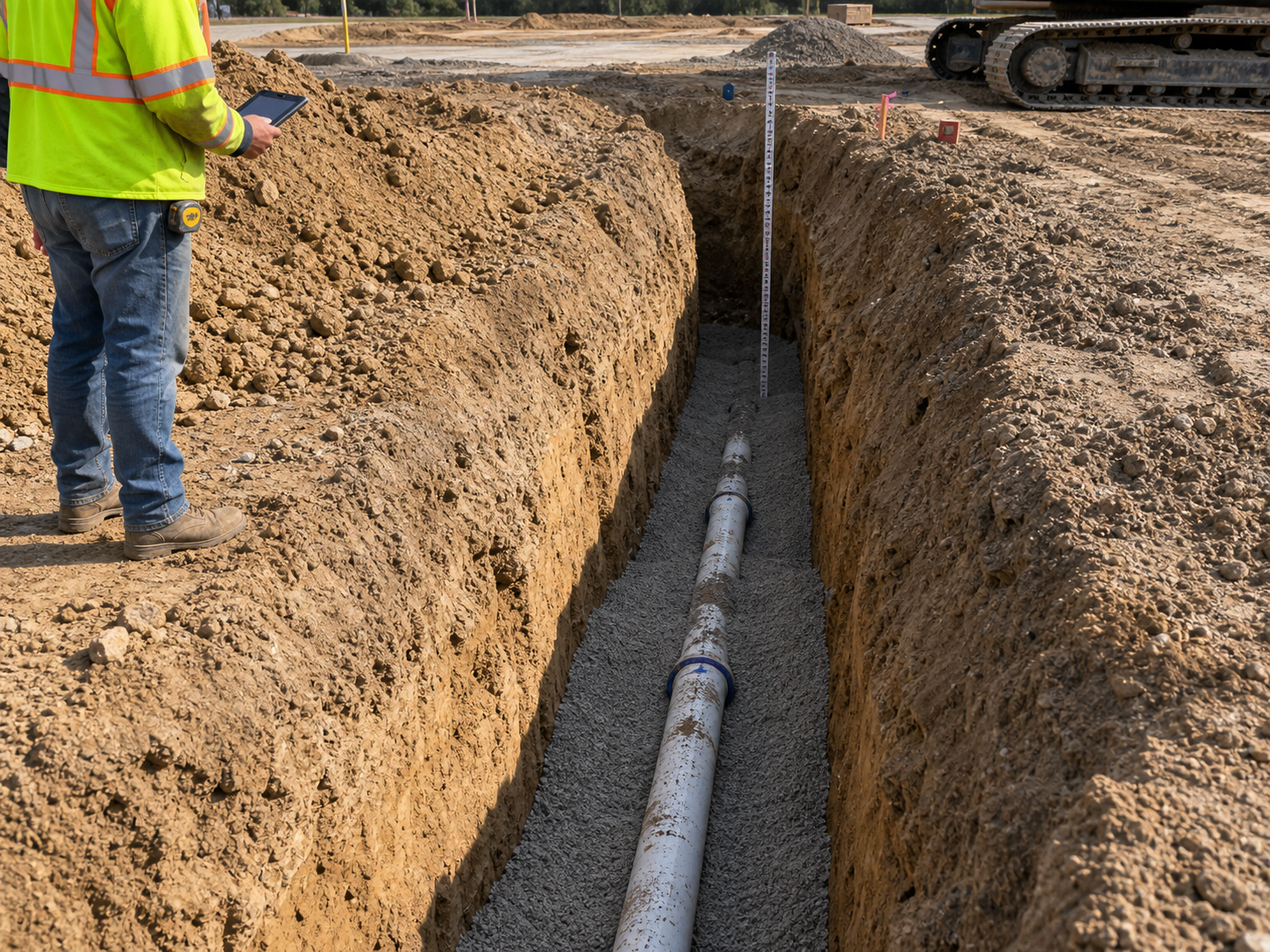 Open trench showing pipe bedding before backfill