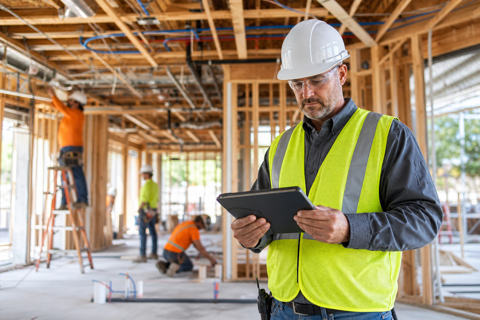 General contractor reviewing progress on an active jobsite