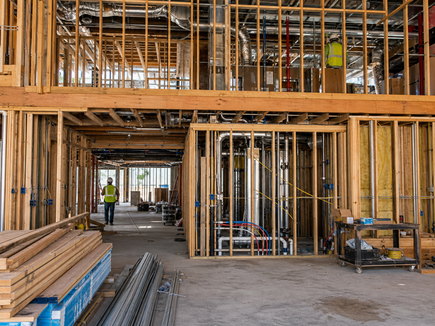 Multi-trade jobsite progress during construction