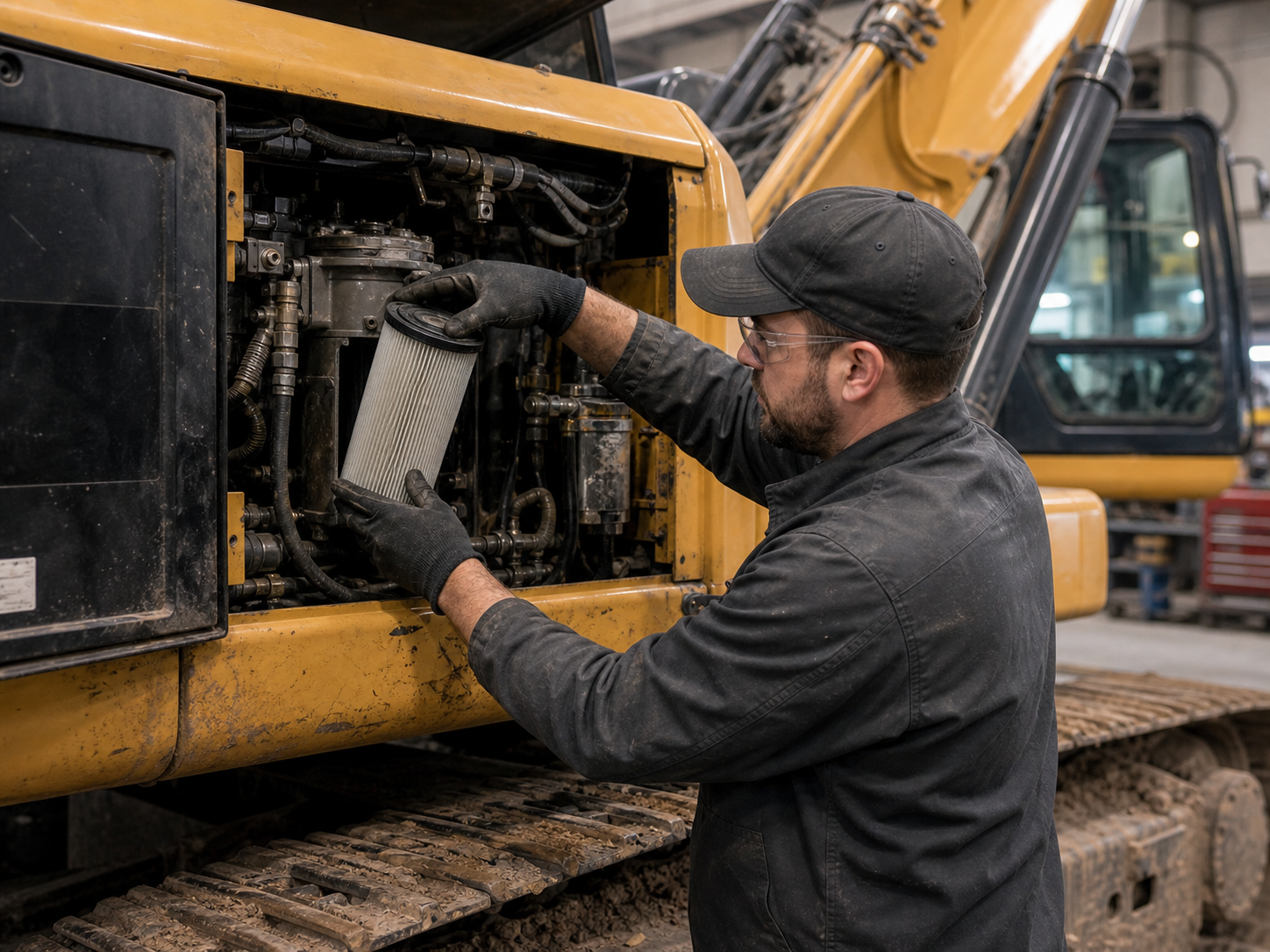 Mechanic performing documented preventive maintenance on heavy equipment
