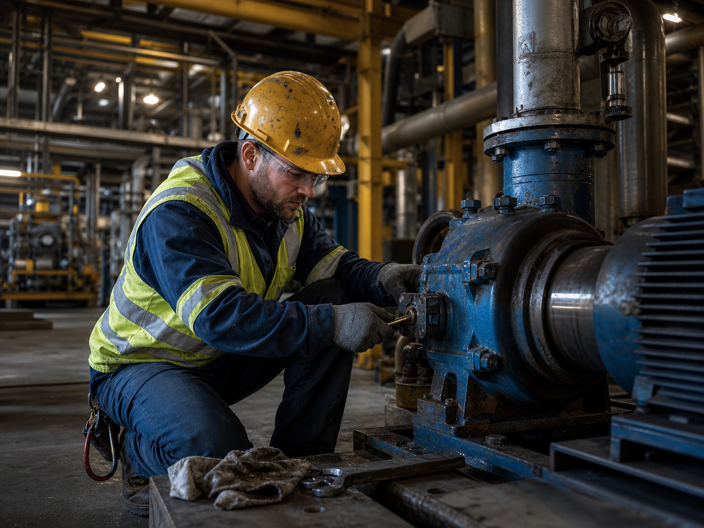 Maintenance technician servicing industrial equipment in a plant