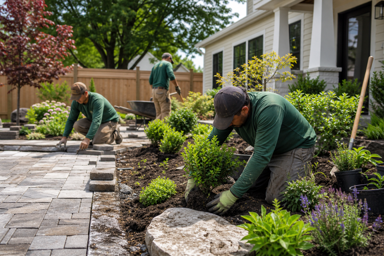 Landscaping crew installing plants and hardscape
