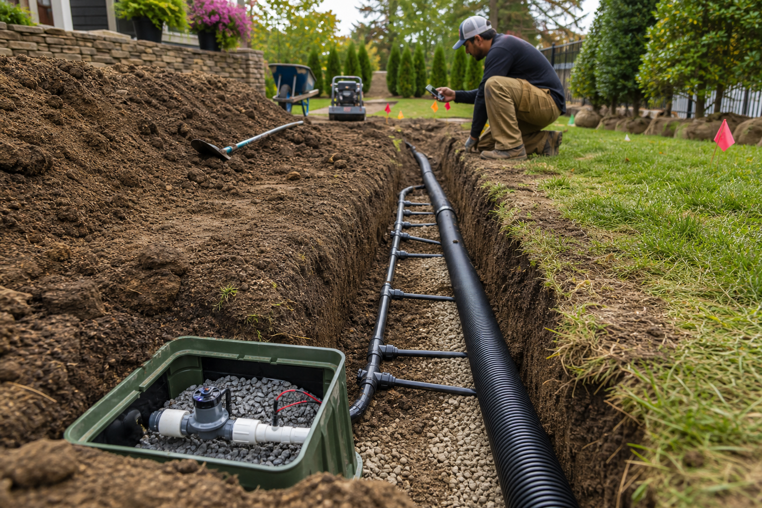 Irrigation lines in open trench documented before backfill