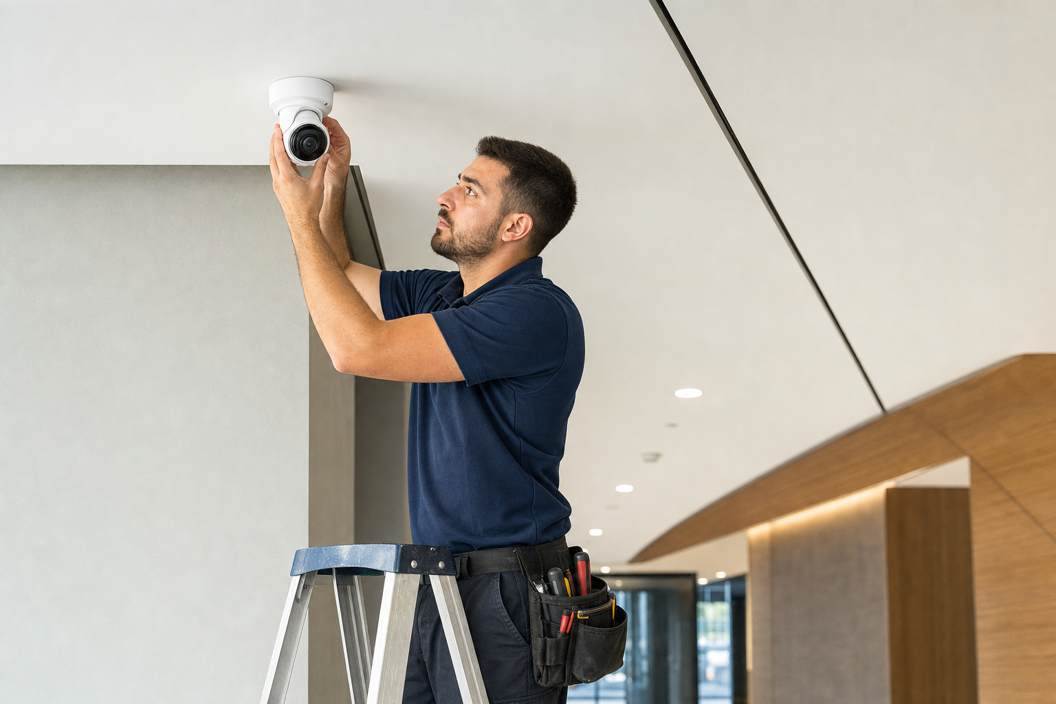 Technician installing a security camera