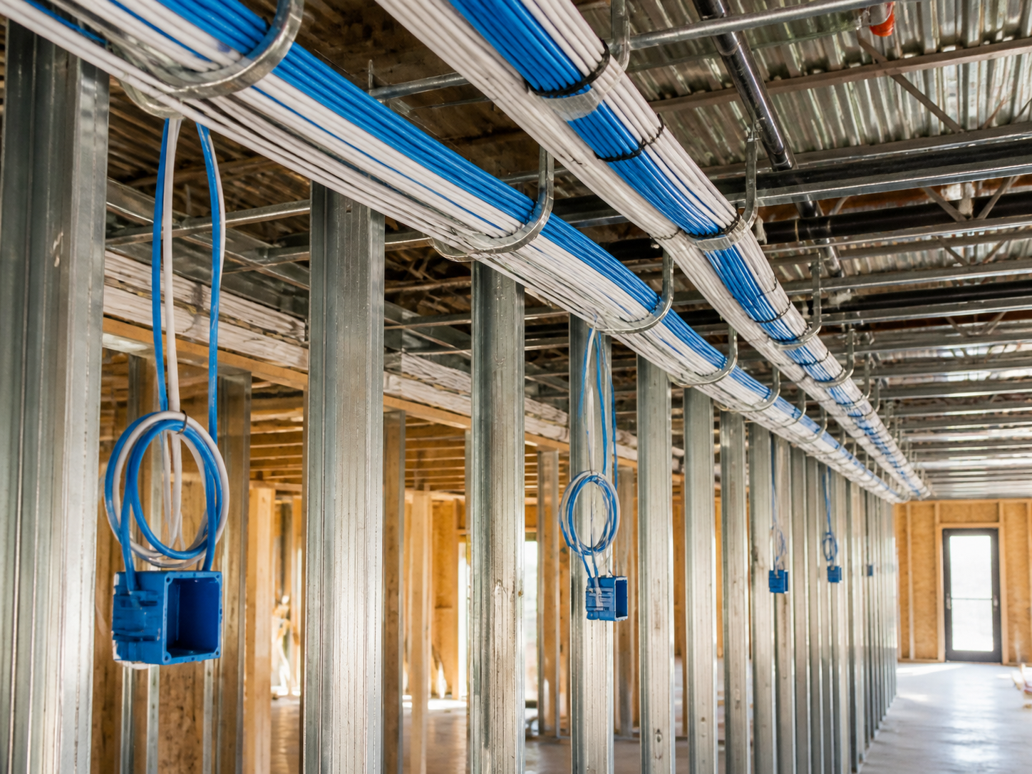 Structured cabling runs through open framing before drywall