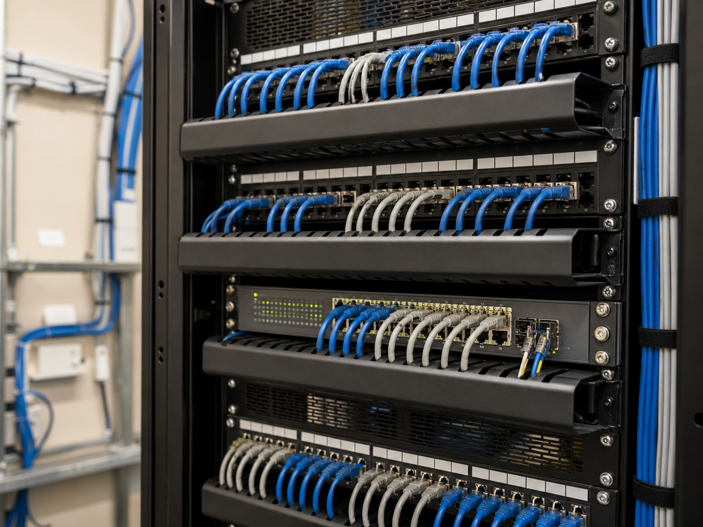 Dressed network rack with terminations and labeling