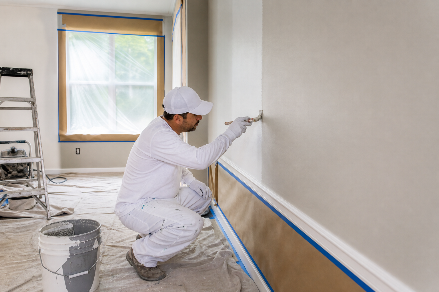 Painter cutting in a wall on an interior job