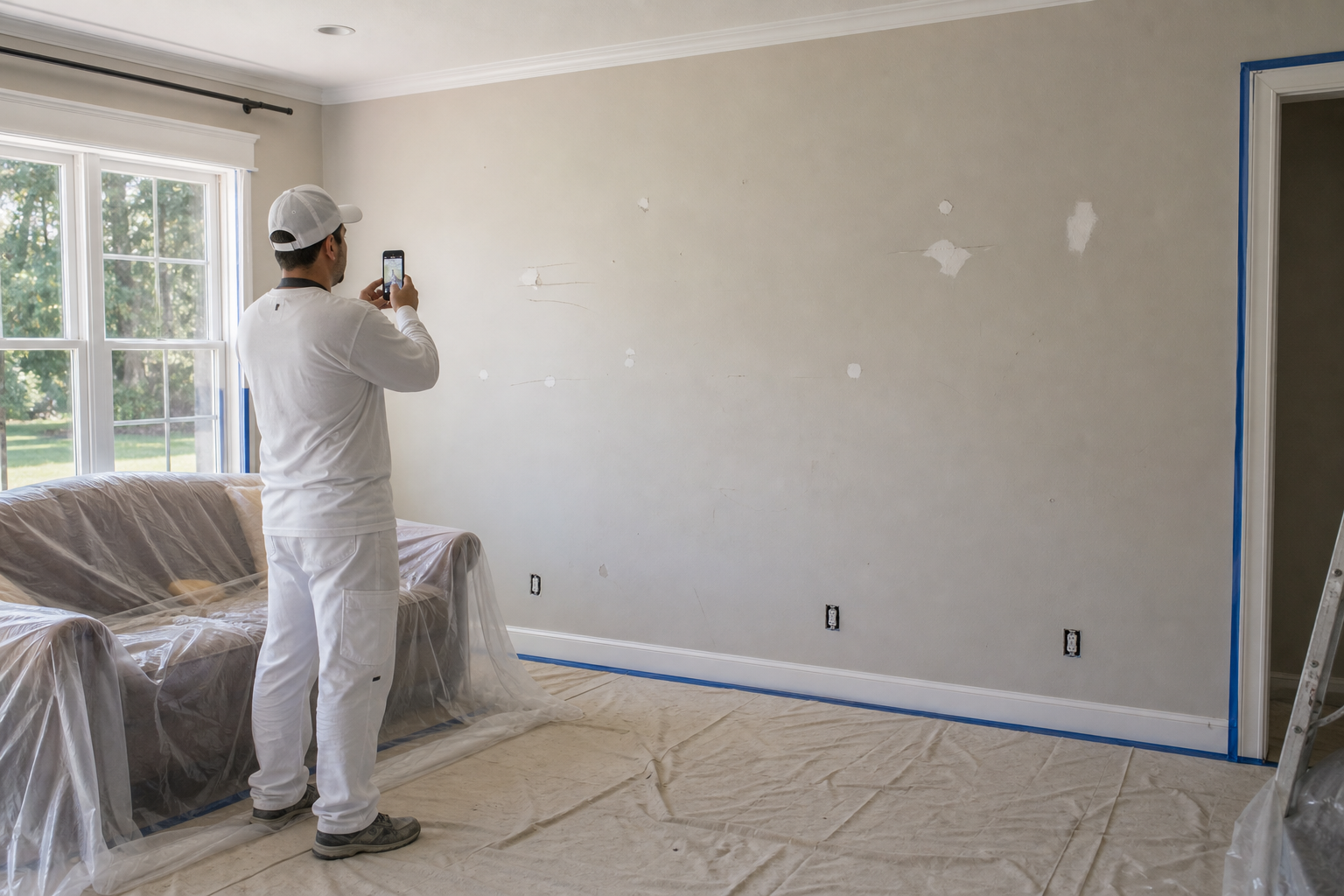 Room with floors masked and existing conditions documented before painting
