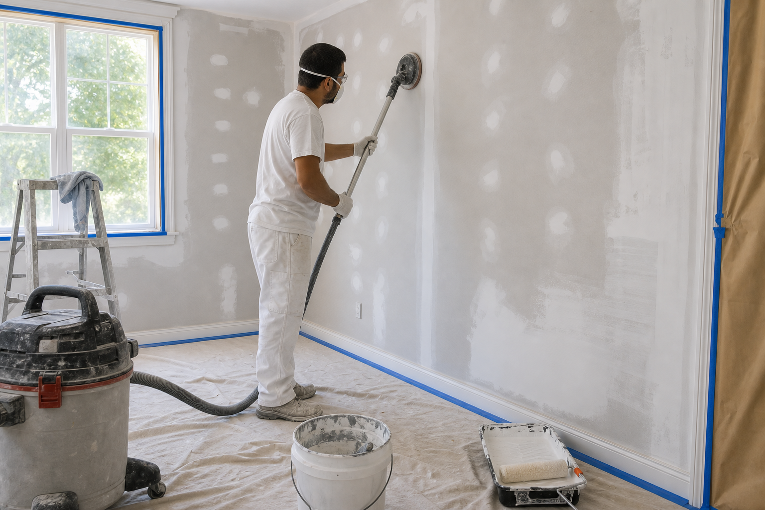 Surface preparation with patching and sanding in progress