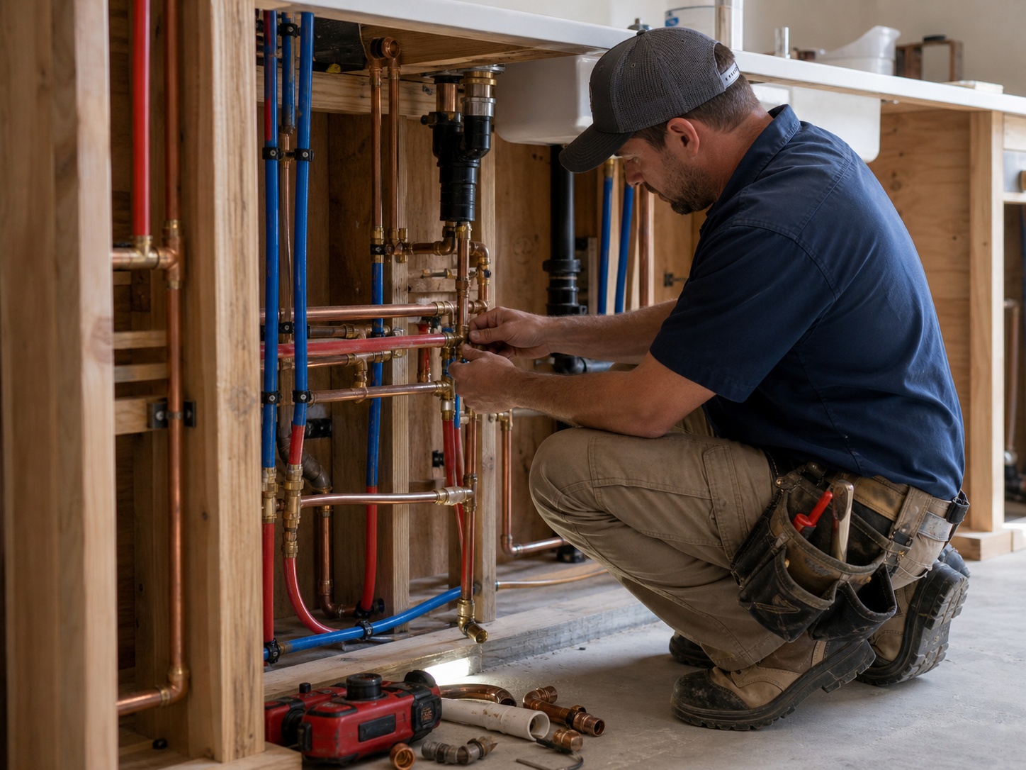 Plumber installing supply lines on a residential job