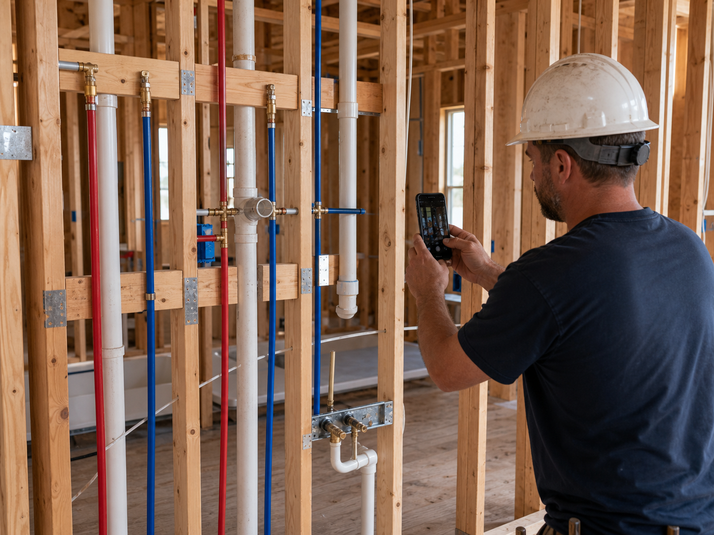 Plumbing rough-in with PEX and drain lines in open framed walls