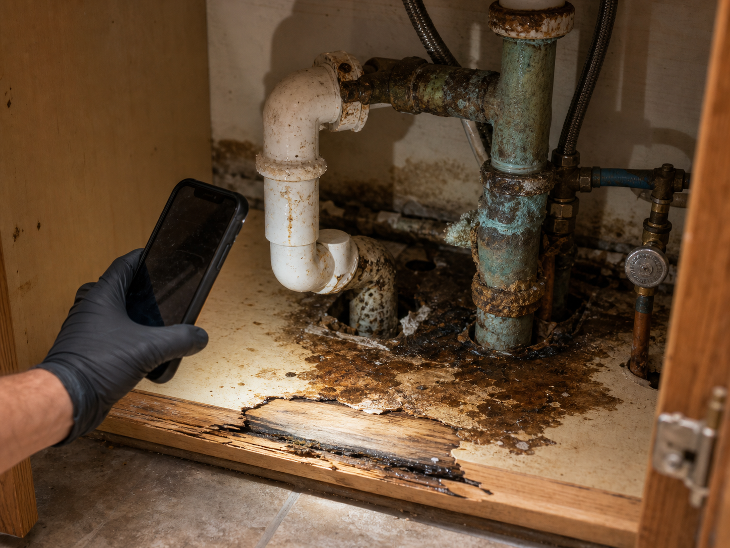 Corroded pipes and pre-existing water damage documented before repair