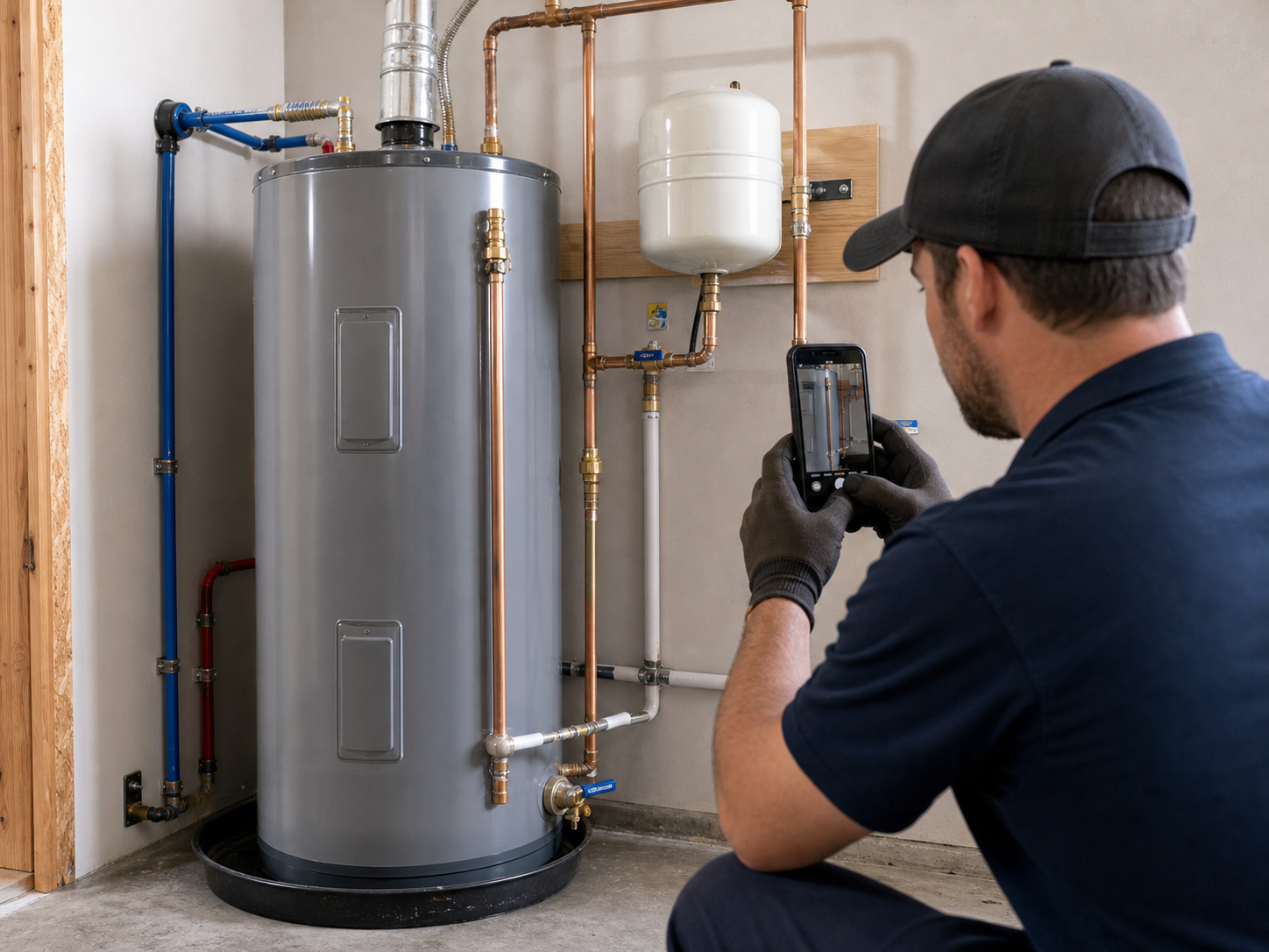 Completed water heater installation with pressure test documentation