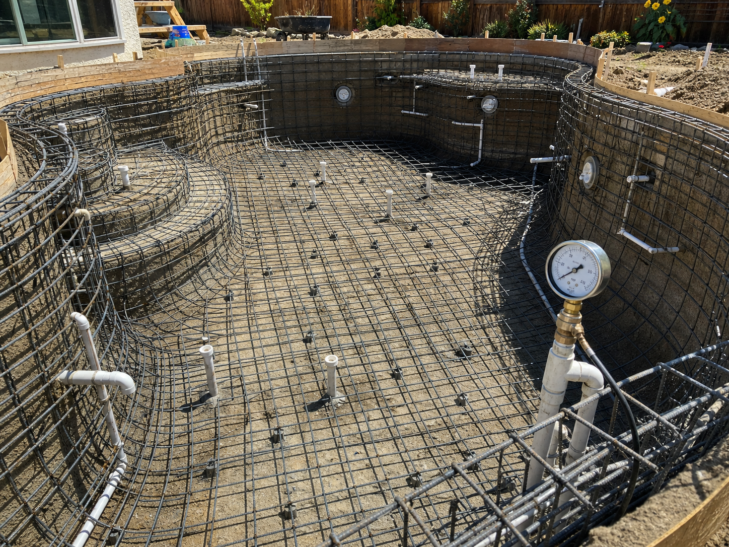 Pool shell rebar and plumbing documented before gunite