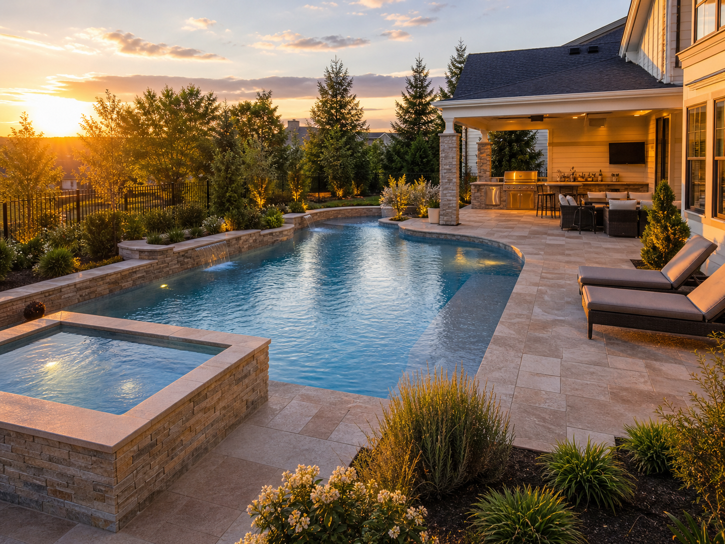 Finished pool and outdoor living space at completion