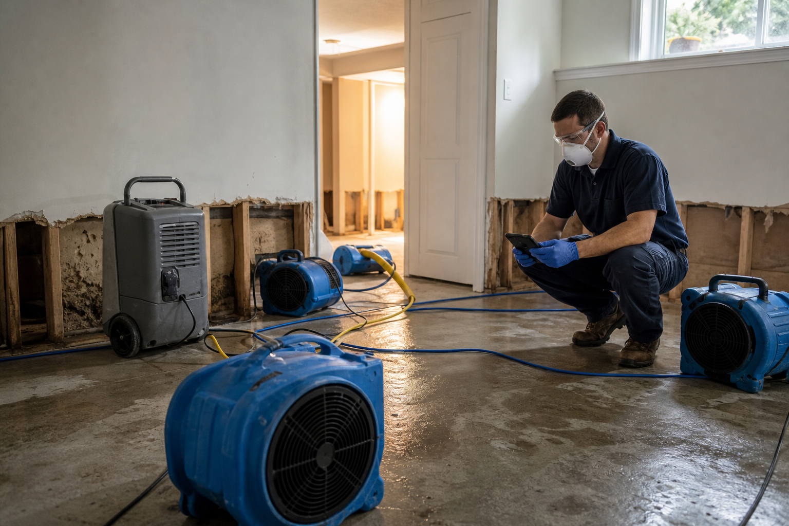 Restoration technician with drying equipment in a water-damaged room