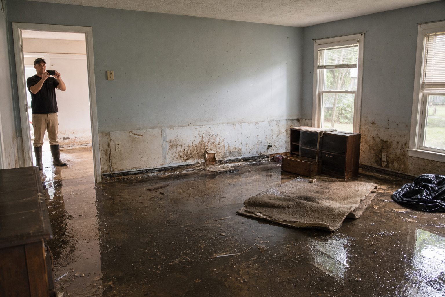Water-damaged room documented before mitigation begins