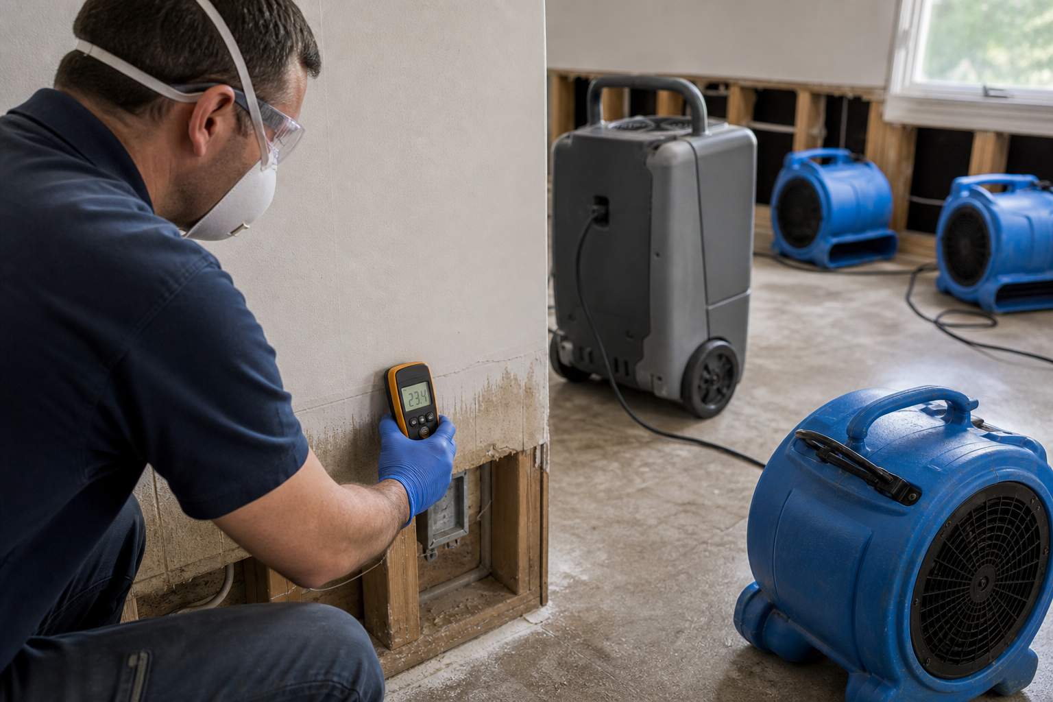 Moisture meter reading documented during structural drying