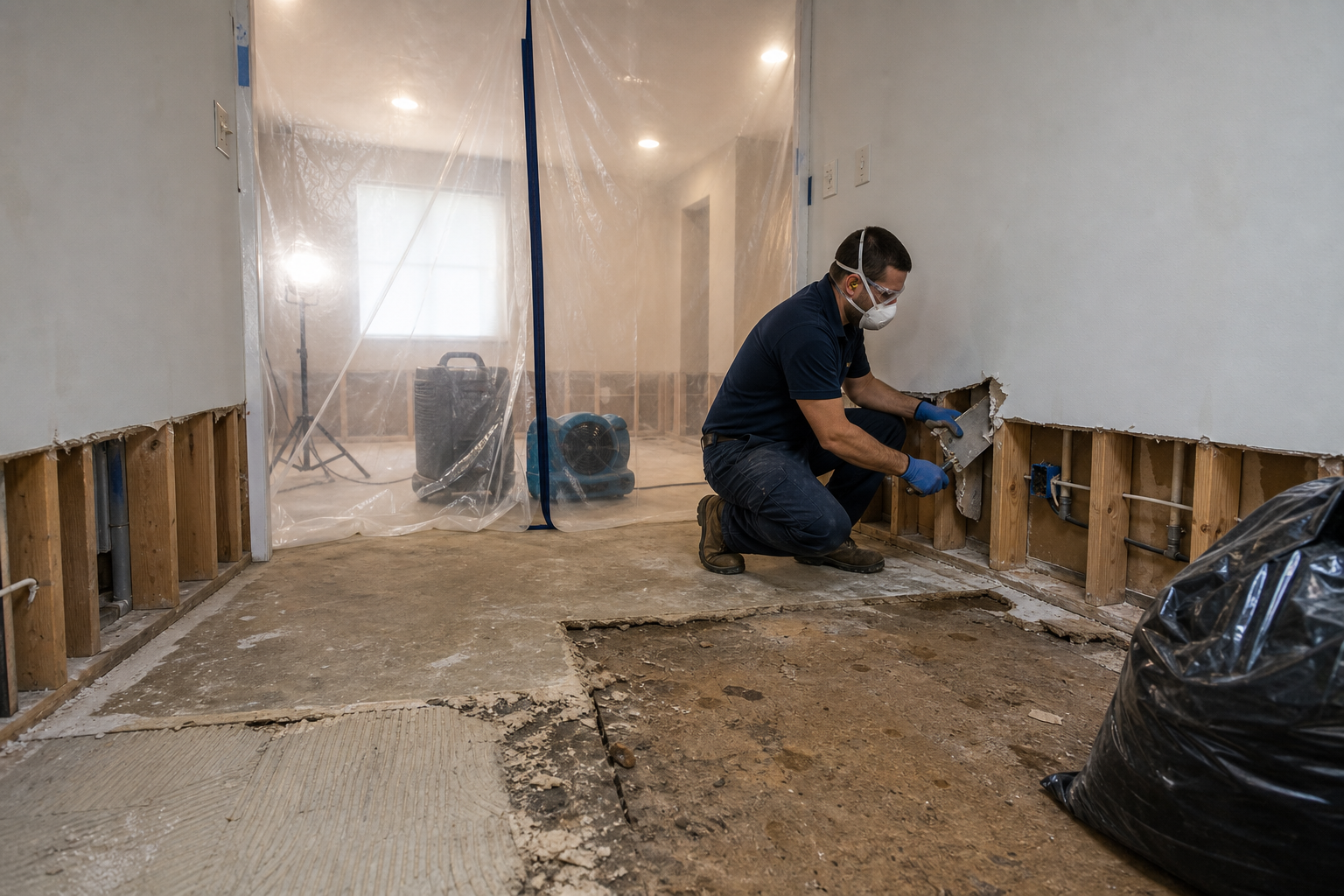 Flood cuts and demo in progress during water mitigation