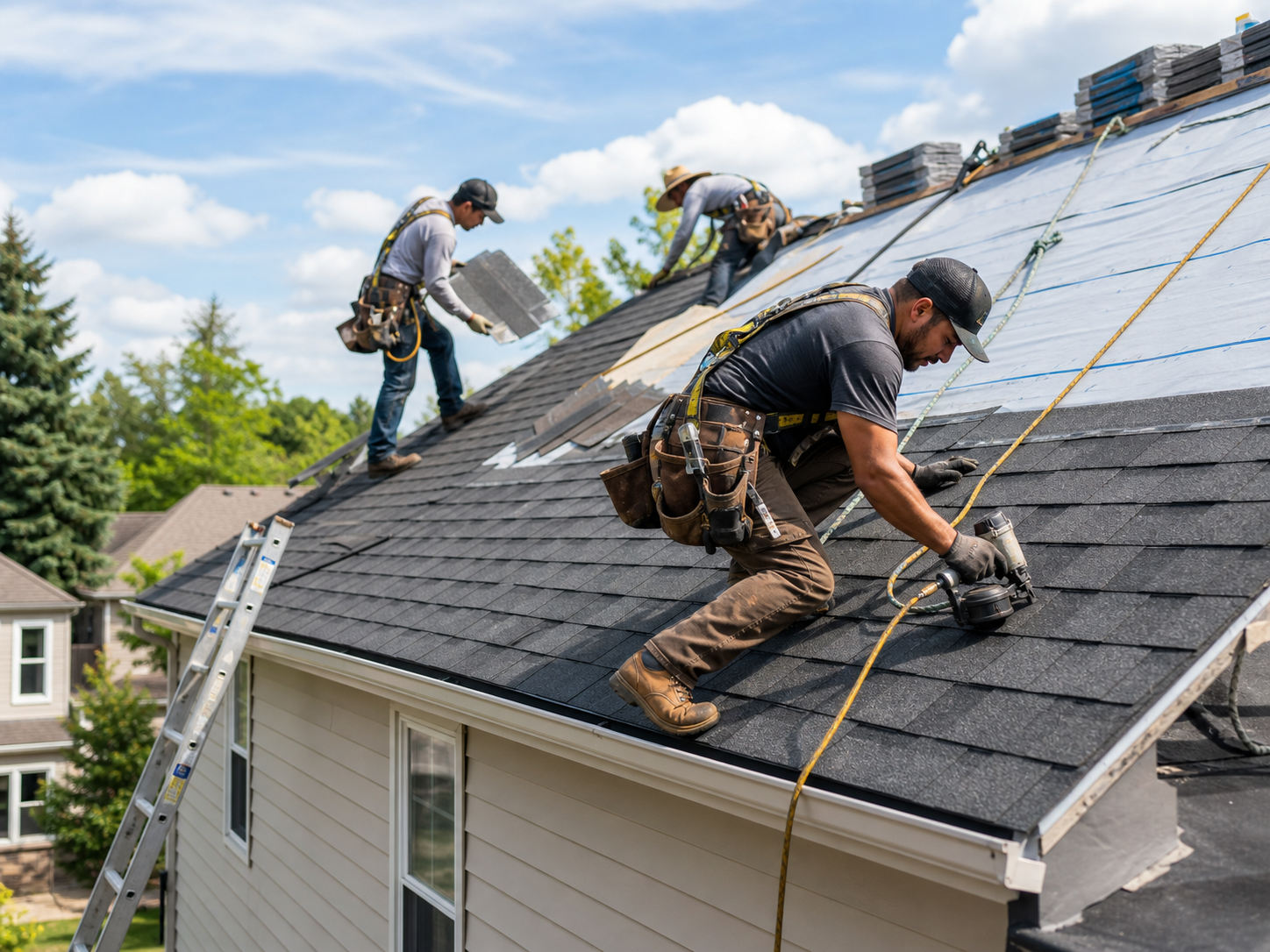 Roofing crew installing shingles on a residential roof