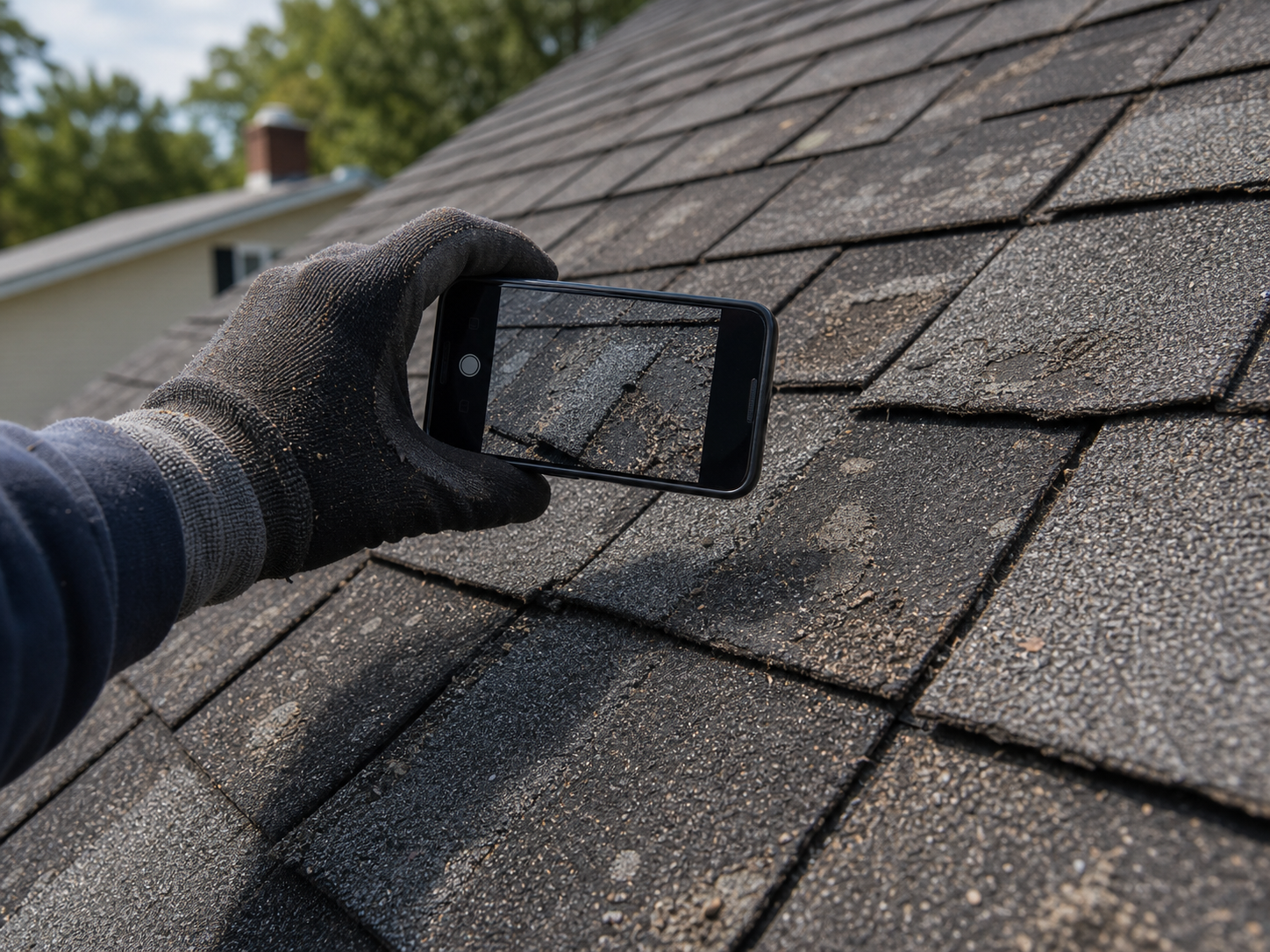 Hail damage on asphalt shingles being documented for an insurance claim