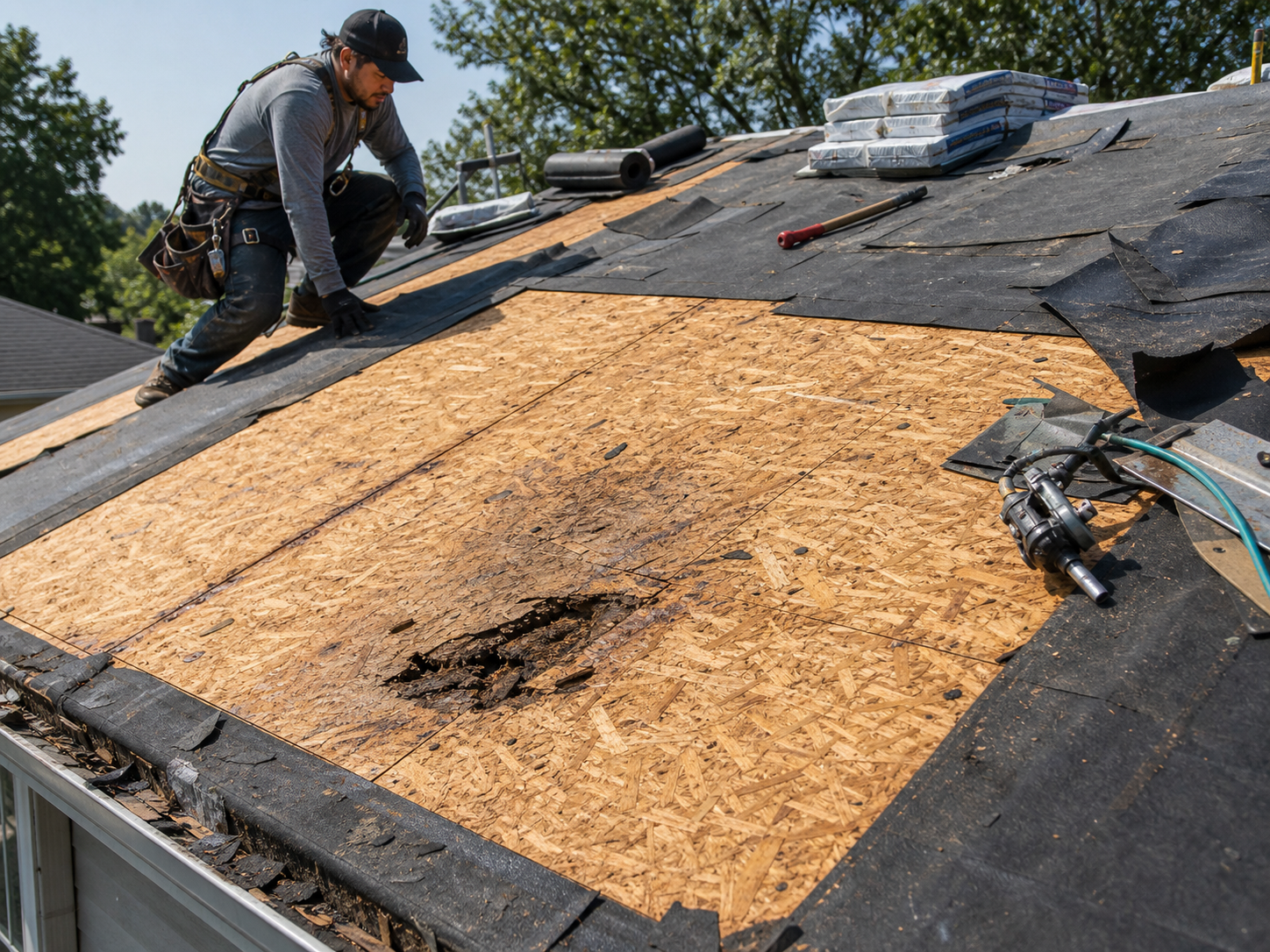 Exposed roof deck during tear-off showing condition before re-roof
