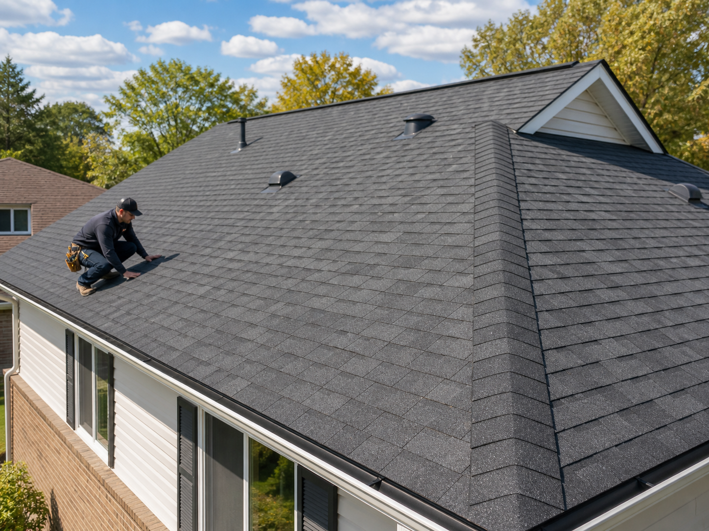 Completed shingle roof installation with ridge cap detail
