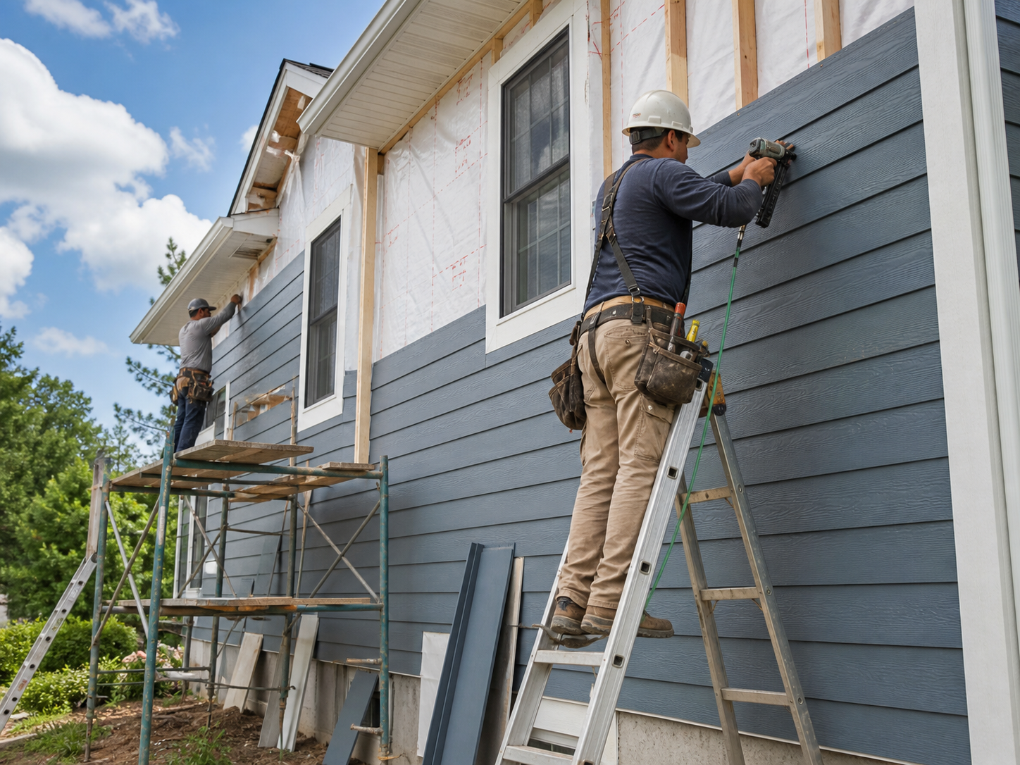 Crew installing siding on a residential exterior