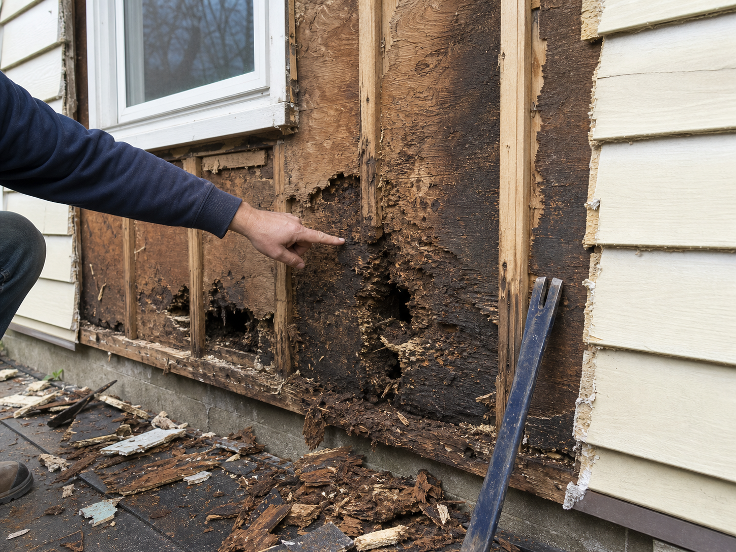 Rotted sheathing discovered under old siding during tear-off
