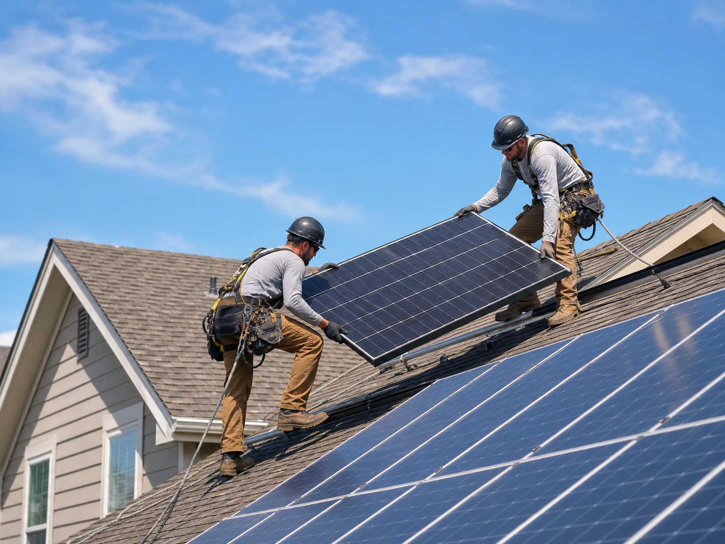 Solar installers setting panels on a residential roof