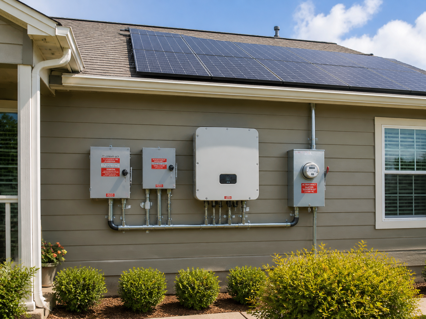 Completed solar array with inverter and disconnects ready for inspection