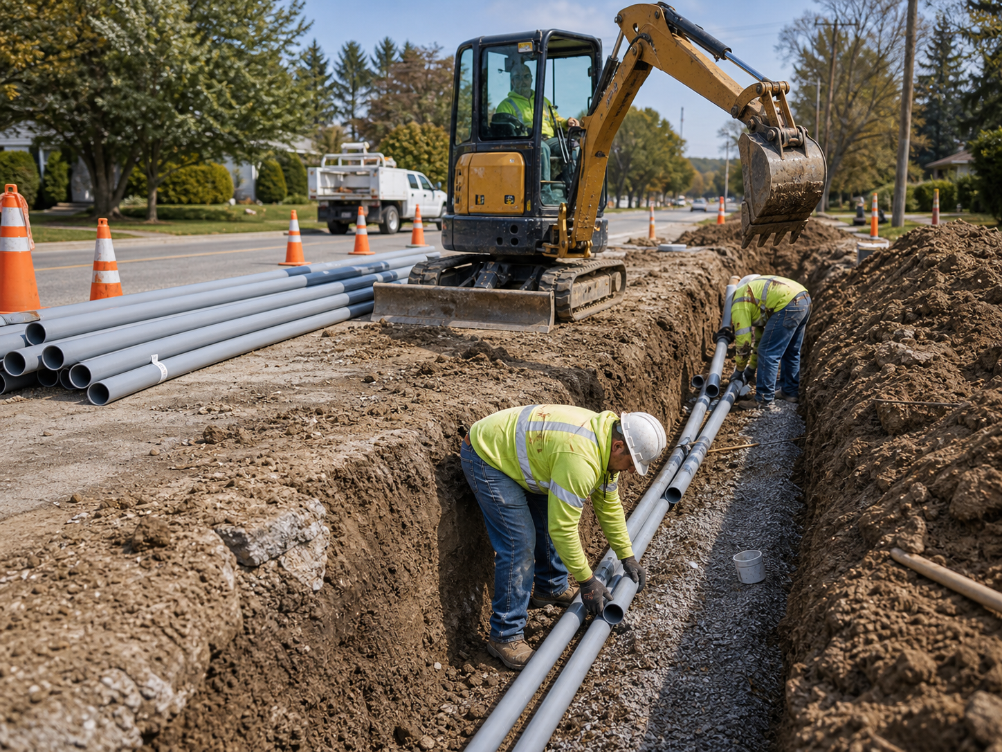 Utility crew installing conduit in an open trench