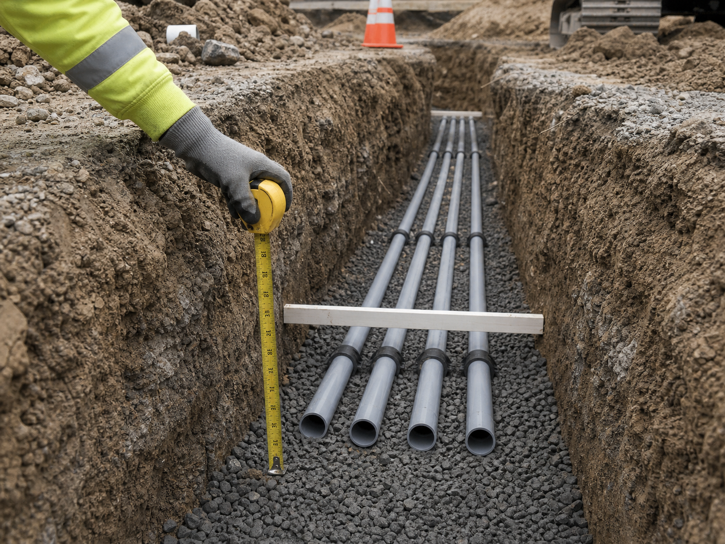 Conduit run in open trench with burial depth documented before backfill