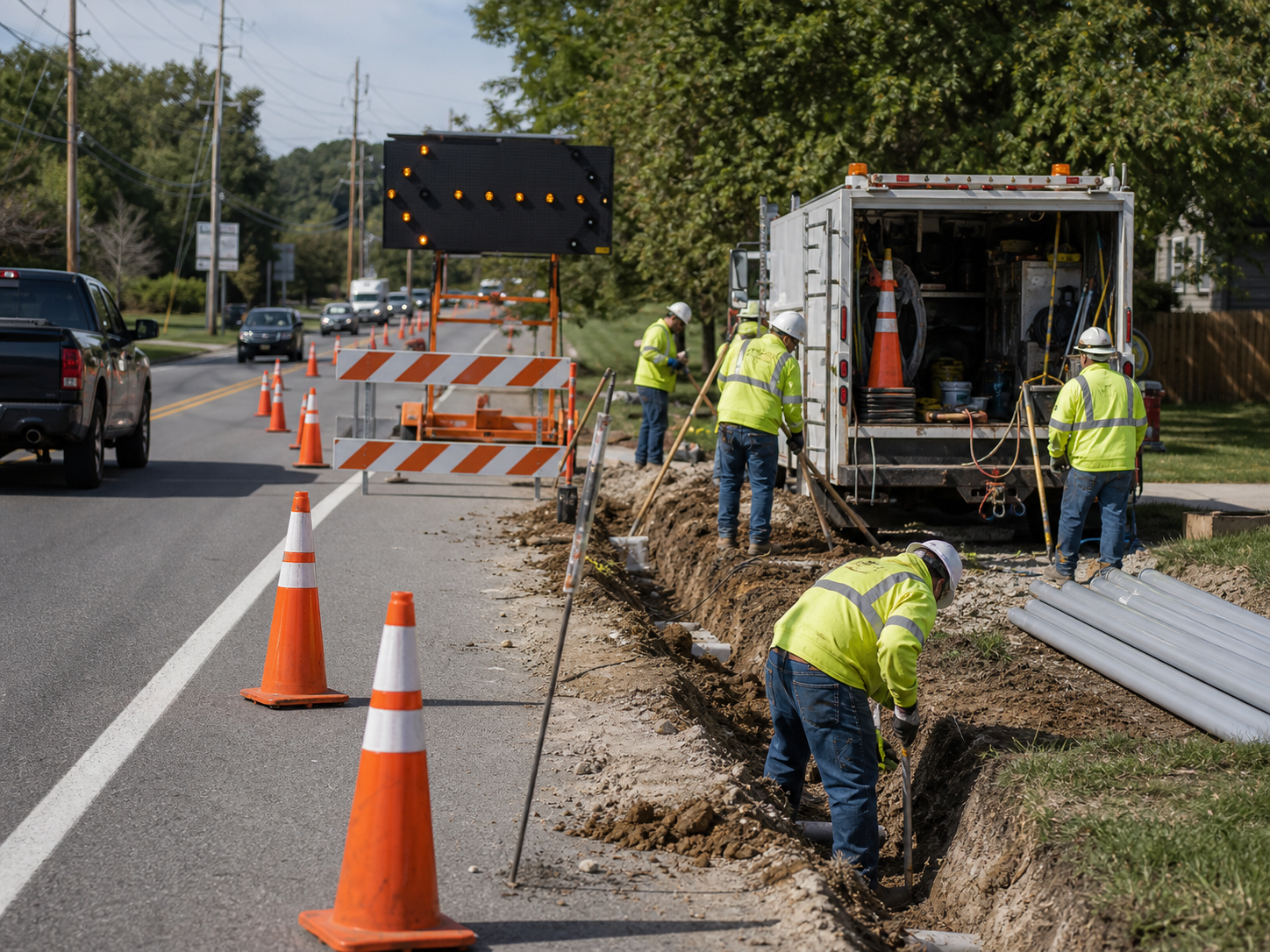 Utility crew working with traffic control setup in the right-of-way